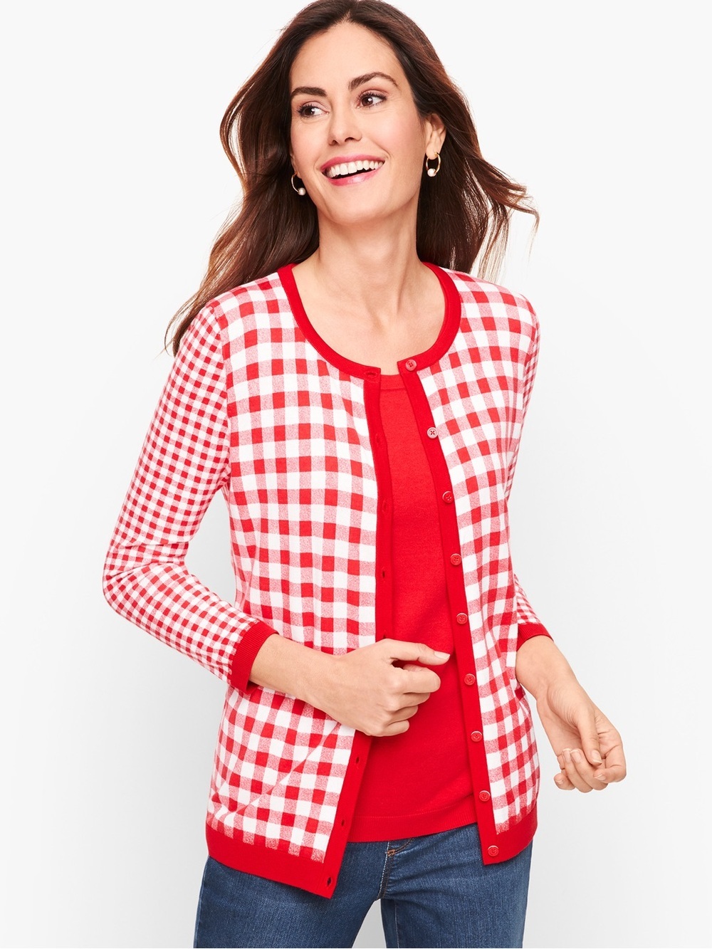 Talbots Charming Cardigan‎ XL Red White Mixed Gingham Cotton Rayon NWT Preppy
